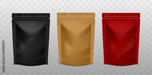 Plastic sachet pouch. Coffee zip package golden, black and red color, foil standing bag advertising presentation realistic vector mockups