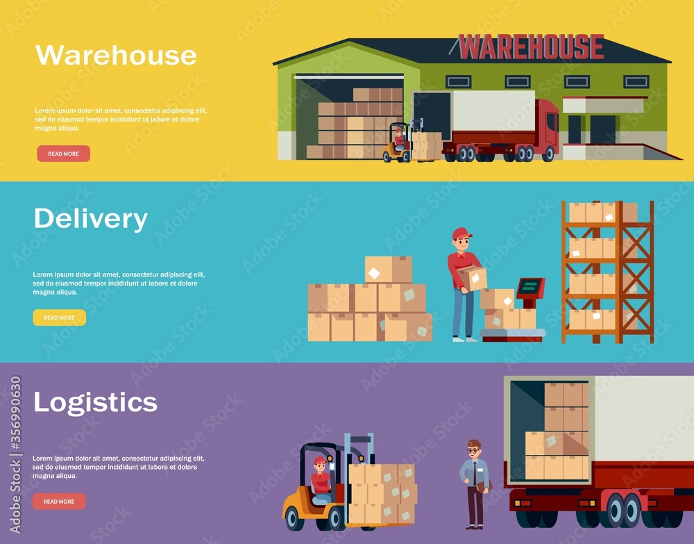 Logistic warehouse horizontal banners. Logistic transportation and forklift, delivery by truck loader with boxes, isolated vector flat cartoon characters