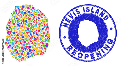 Celebrating Nevis Island map collage and reopening dirty stamp seal. Vector collage Nevis Island map is formed of scattered stars, hearts, balloons. Rounded rough blue seal with grunge rubber texture.