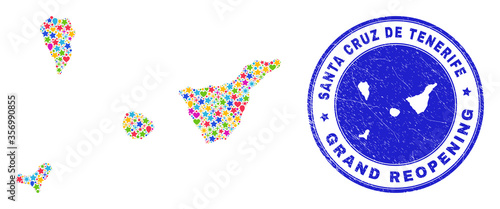 Celebrating Santa Cruz de Tenerife Province map collage and reopening grunge stamp. Vector collage Santa Cruz de Tenerife Province map is constructed of randomized stars, hearts, balloons.