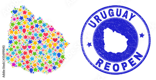 Celebrating Uruguay map mosaic and reopening unclean watermark. Vector mosaic Uruguay map is formed of randomized stars, hearts, balloons. Rounded awry blue watermark with unclean rubber texture.