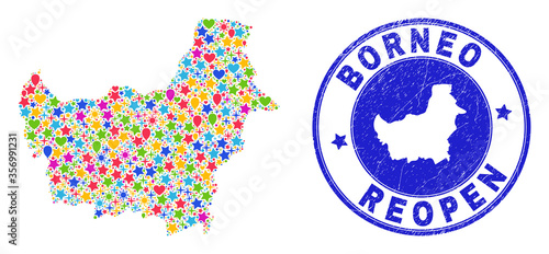 Celebrating Borneo map mosaic and reopening textured watermark. Vector mosaic Borneo map is designed of scattered stars, hearts, balloons. Rounded rough blue watermark with grunge rubber texture.