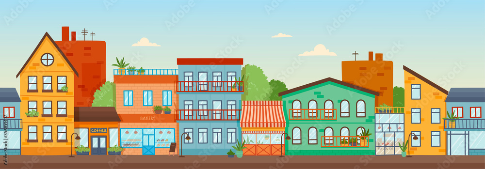 Panorama banner of a row of colorful facades of buildings in city under a sunny blue sky, colored vector illustration