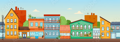 Panorama banner of a row of colorful facades of buildings in city under a sunny blue sky, colored vector illustration