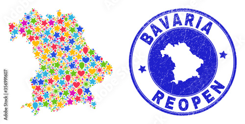 Celebrating Bavaria Land map mosaic and reopening corroded seal. Vector mosaic Bavaria Land map is created with scattered stars, hearts, balloons.