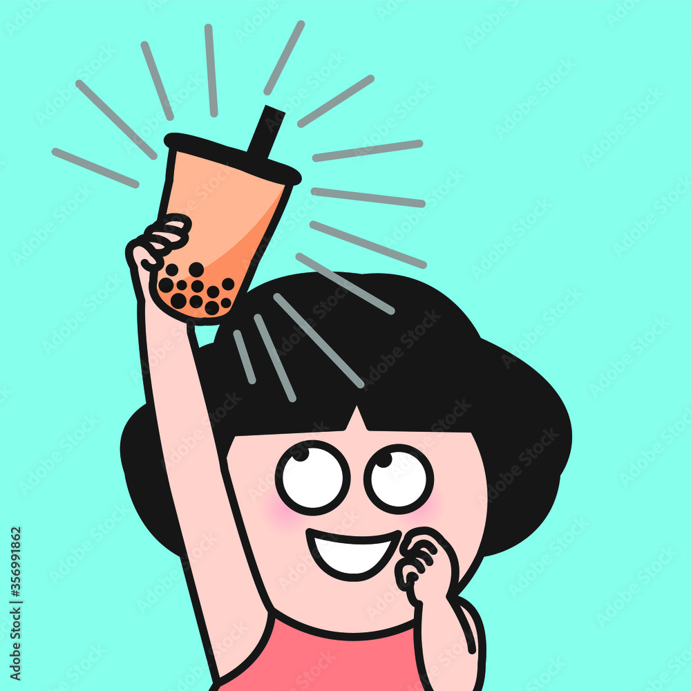 Cheerful Girl Showing Arm Raised Up In The Air Holding Bubble Milk Tea Cup. Cup Of Sunshine Concept Card Character illustration