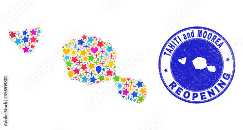 Celebrating Tahiti and Moorea islands map collage and reopening dirty stamp. Vector collage Tahiti and Moorea islands map is organized of scattered stars, hearts, balloons.