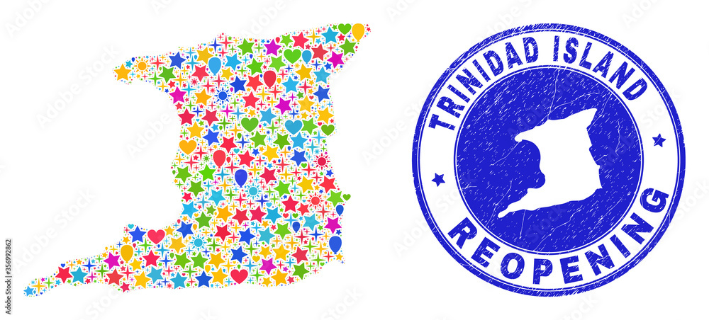 Celebrating Trinidad Island map collage and reopening unclean stamp seal. Vector collage Trinidad Island map is done with scattered stars, hearts, balloons.