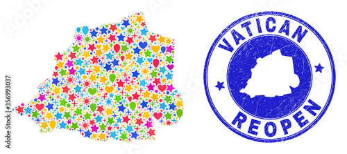 Celebrating Vatican map collage and reopening scratched stamp seal. Vector collage Vatican map is made of random stars, hearts, balloons. Rounded awry blue seal with distress rubber texture.