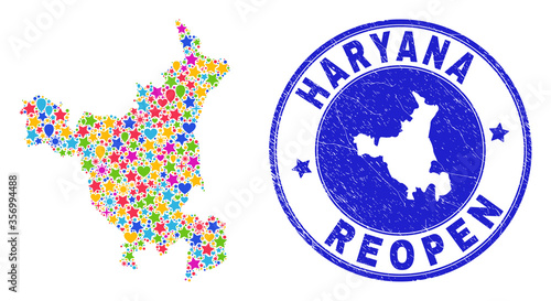 Celebrating Haryana State map collage and reopening unclean watermark. Vector collage Haryana State map is composed of random stars, hearts, balloons.