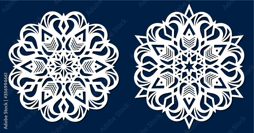 Laser cutting template. Set of die cut cards. Flower Mandala. Doily lace. Oriental pattern, vector illustration. Paper cutout snowflakes motifs. Stencil