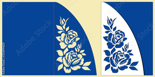 Layout congratulatory laser cut card with roses bouquet. Template is suitable for wedding greeting or birthday card, invitation, etc. Vector. Floral stencil.