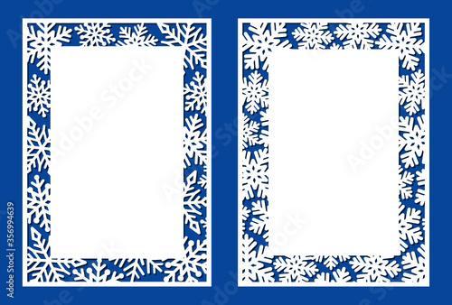 Laser cut template. Set of laser card with border of snowflakes. Winter photo frame. Suitable for christmas paper cards, design elements, scrapbooking. Vector illustration.