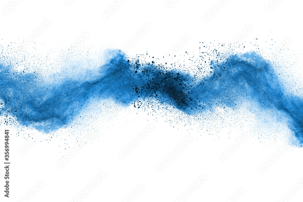 Blue powder particle splash isolated on white  background