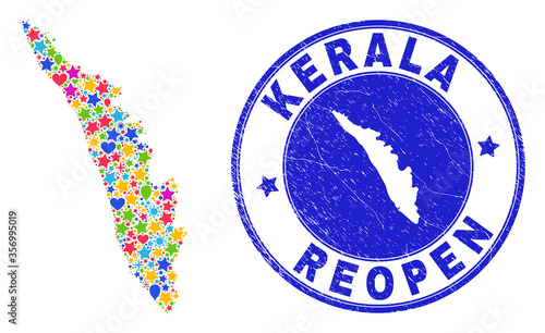 Celebrating Kerala State map collage and reopening unclean watermark. Vector collage Kerala State map is constructed with scattered stars, hearts, balloons.