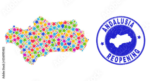 Celebrating Andalusia Province map mosaic and reopening textured stamp seal. Vector mosaic Andalusia Province map is organized of random stars, hearts, balloons.