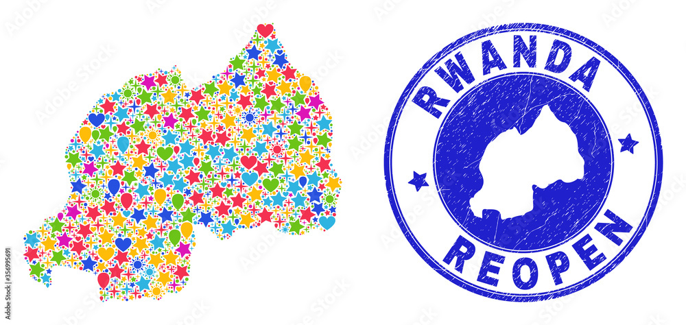 Celebrating Rwanda map mosaic and reopening rubber seal. Vector mosaic Rwanda map is composed from scattered stars, hearts, balloons. Rounded wry blue seal with scratched rubber texture. Celebrating Rwanda map mosaic and reopening rubber seal. Vector mosaic Rwanda map is composed from scattered stars, hearts, balloons. Rounded wry blue seal with scratched rubber texture.