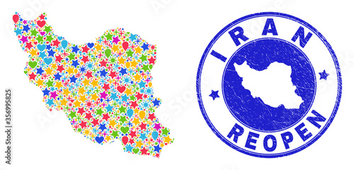 Celebrating Iran map collage and reopening scratched stamp. Vector collage Iran map is organized of random stars, hearts, balloons. Rounded awry blue stamp imprint with corroded rubber texture.