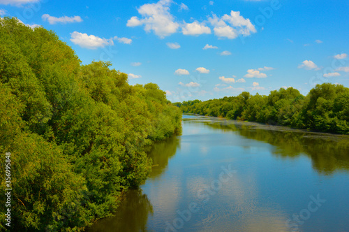 river, blue sky, white clouds and green trees. nature in summer.