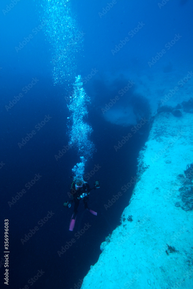 A scuba diver descending into Blue Hole in the  Bahama Islands