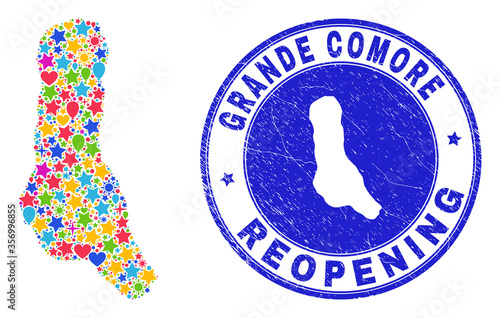 Celebrating Grande Comore Island map mosaic and reopening unclean seal. Vector mosaic Grande Comore Island map is constructed of random stars, hearts, balloons.