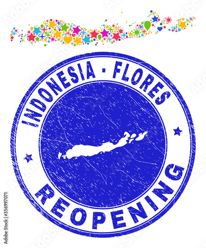 Celebrating Flores Islands of Indonesia map collage and reopening rubber seal. Vector collage Flores Islands of Indonesia map is composed from random stars, hearts, balloons.