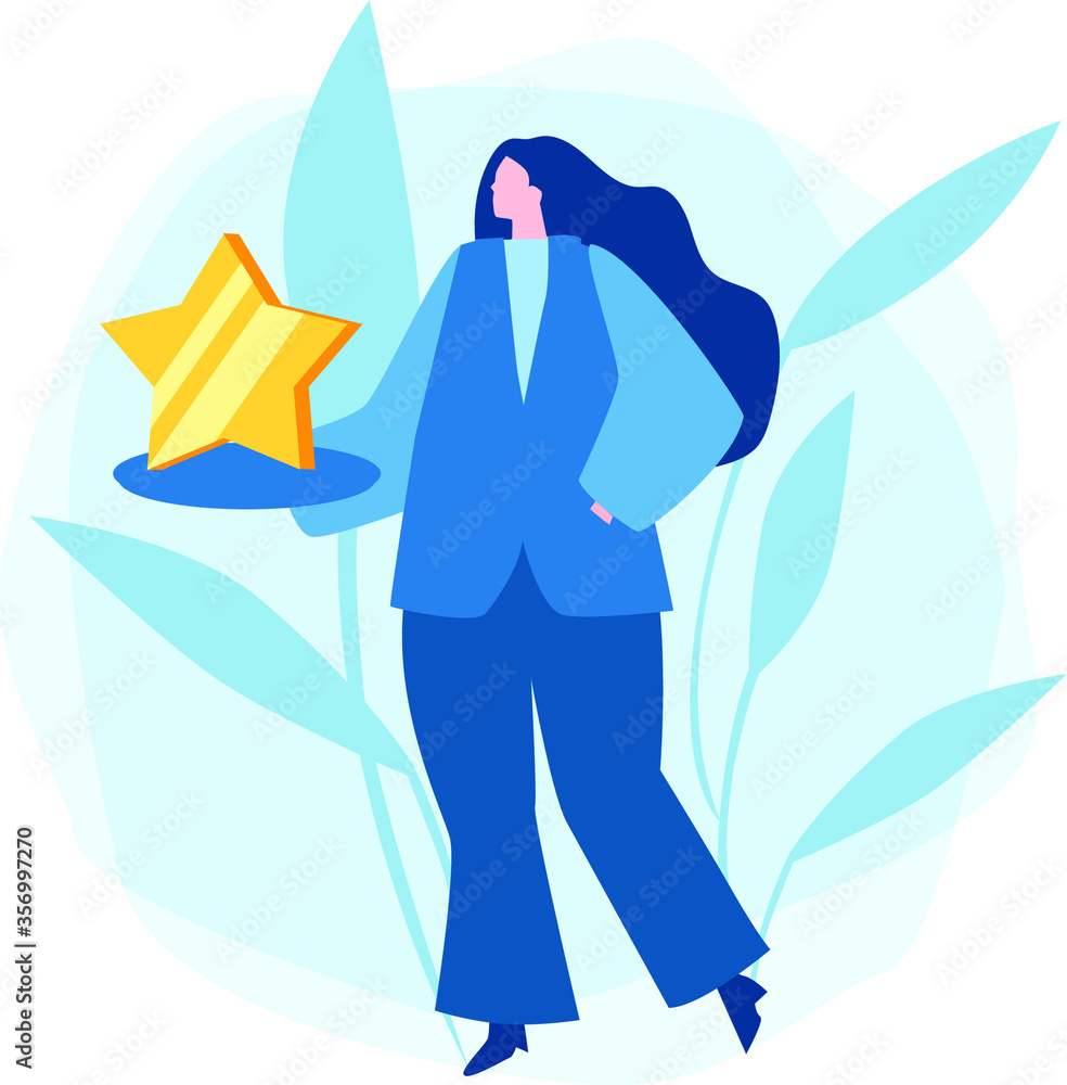 Woman hold golden star, review. Vector illustration for web banner, infographics, mobile