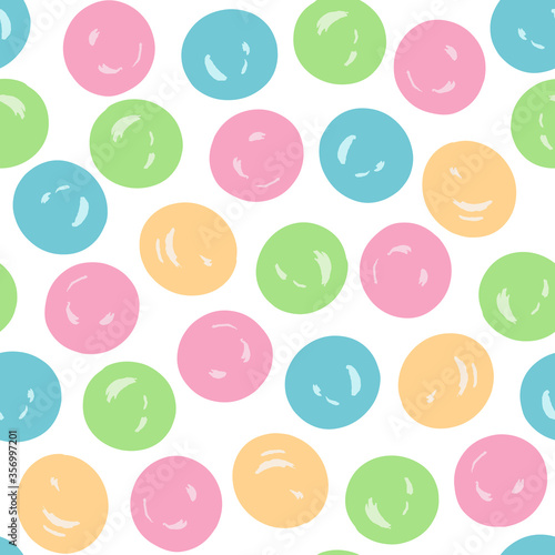 Vector seamless pattern with hand drawn gumballs. Colorful candy illustration great for birthday cards, wallapaper and gift wrap.