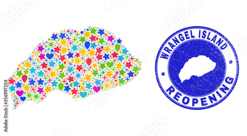 Celebrating Wrangel Island map mosaic and reopening rubber stamp. Vector mosaic Wrangel Island map is designed with scattered stars, hearts, balloons.