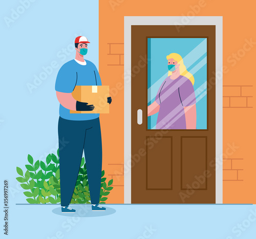 safe contactless delivery to home to prevent the spread of coronavirus 2019 ncov, woman at door vector illustration design
