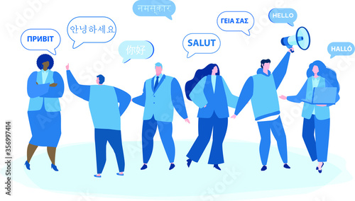 Business people chatting in foreign languages. Vector illustration for web banner, infographics, mobile. designers, project managers collaborate on software project objectives. 
