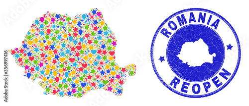 Celebrating Romania map collage and reopening textured stamp seal. Vector collage Romania map is designed of randomized stars, hearts, balloons.