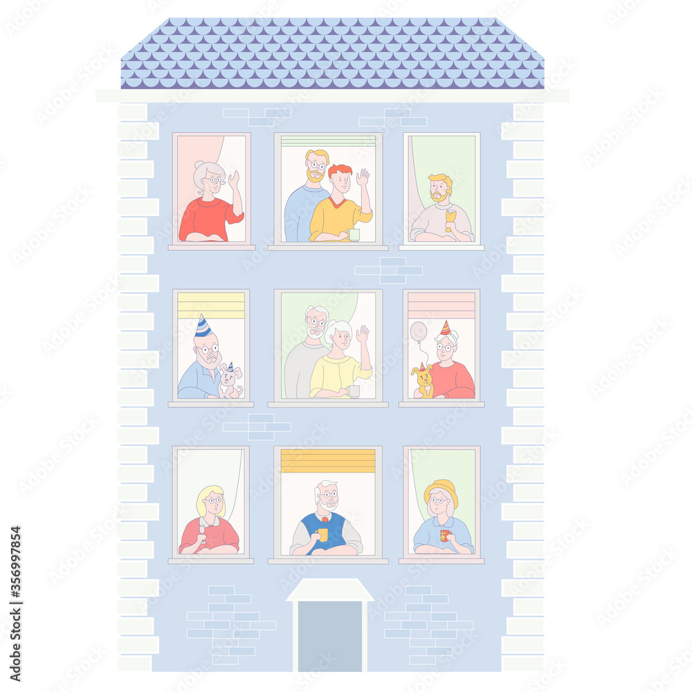 People in the window frames. Neighbors who live in apartments. Residential building with open windows and different people and holiday. Everyone is funny, with cups and happy birthday drink. Birthday People in the window frames. Neighbors who live in apartments. Residential building with open windows and different people and holiday. Everyone is funny, with cups and happy birthday drink. Birthday