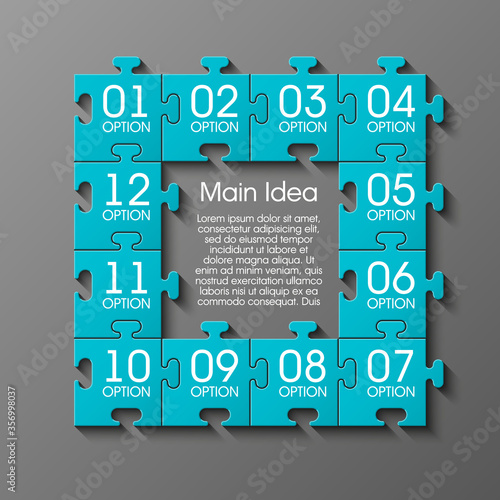 Puzzle twelve piece business presentation. Square infograph. Circle 12 Step process diagram card. Section compare service banner. Vector illustration template color shape . 3d Abstract Background