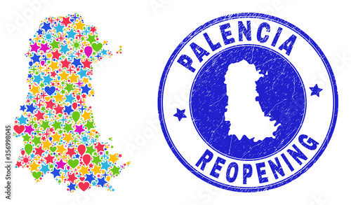 Celebrating Palencia Province map mosaic and reopening unclean watermark. Vector mosaic Palencia Province map is designed of scattered stars, hearts, balloons.