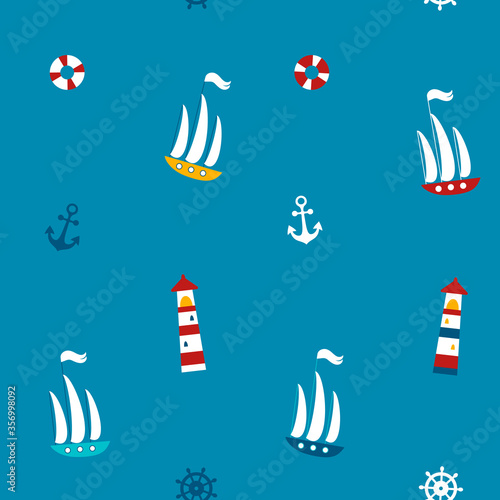Lighthouse, anchor, swimming circle and a ship vector seamless pattern. Nautical kids digital paper on blue background. Cute Boy summer print for apparel, fabric, textile. EPS10, editable