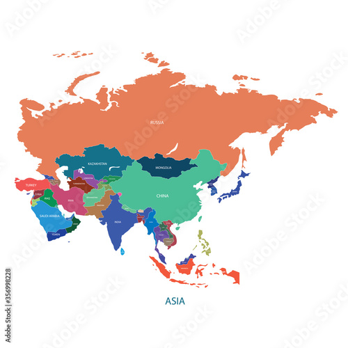 ASIA MAP illustration with borders and names of the countries