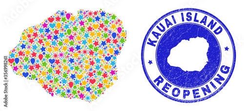 Celebrating Kauai Island map mosaic and reopening grunge stamp seal. Vector mosaic Kauai Island map is organized of random stars, hearts, balloons.