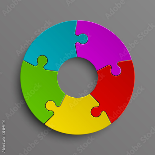 Puzzle five color piece business presentation. Circle infograph. 5 Step round process diagram. Section compare banner.