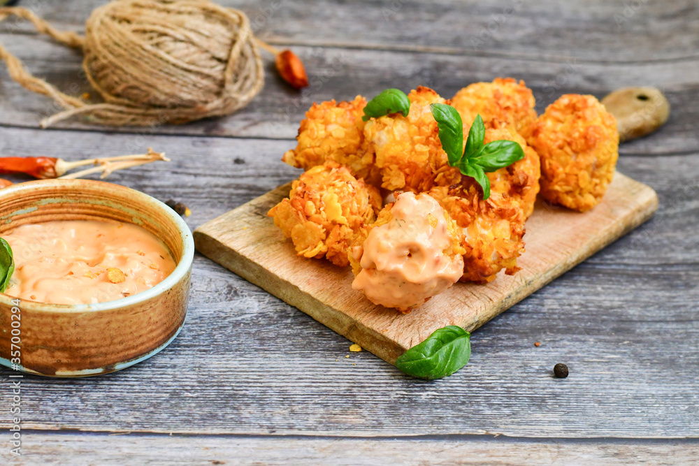 Home made Crispy Chicken Popcorn with honey mustard sauce on wooden background Home made Crispy Chicken Popcorn with honey mustard sauce on wooden background