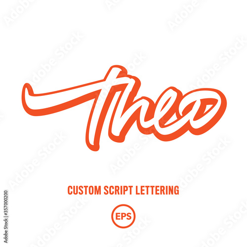 "Theo" hand-drawn custom script lettering in a vector .eps format (10 version) with editable colours and size. Perfect for using as a tattoo, card, signs etc. (ID: 357000200)