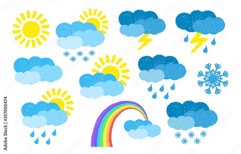 Set of hand drawn weather icons, painted with oil pastel crayons Set of hand drawn weather icons, painted with oil pastel crayons