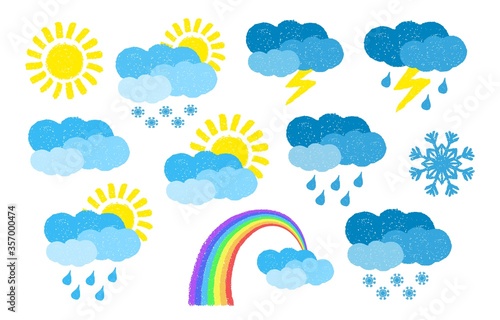 Set of hand drawn weather icons, painted with oil pastel crayons