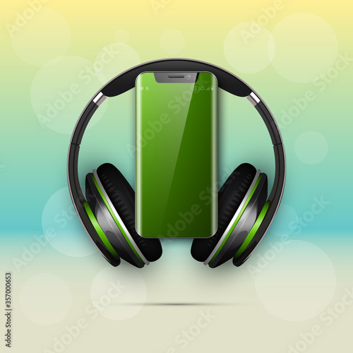 Image headphones on smartphone latest model background. Device for listening music on phone latest model background. Color stereo headphone for listening audio from phone. Banner earphones music party