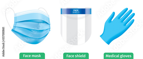 Virus protection personal medical equipment. Plastic face shield, face mask and latex gloves vector illustration. Covid-19 protective kit isolated on white. Novel corona virus protective accessories.