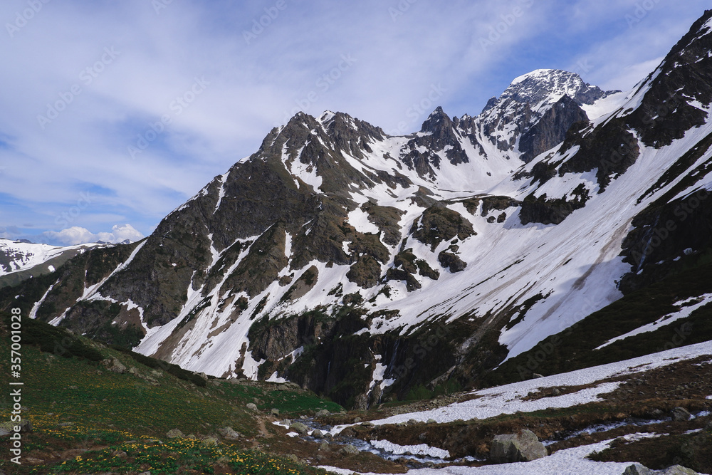 Mountain landscape. Snowy mountain peaks, Caucasian mountains. National Park.