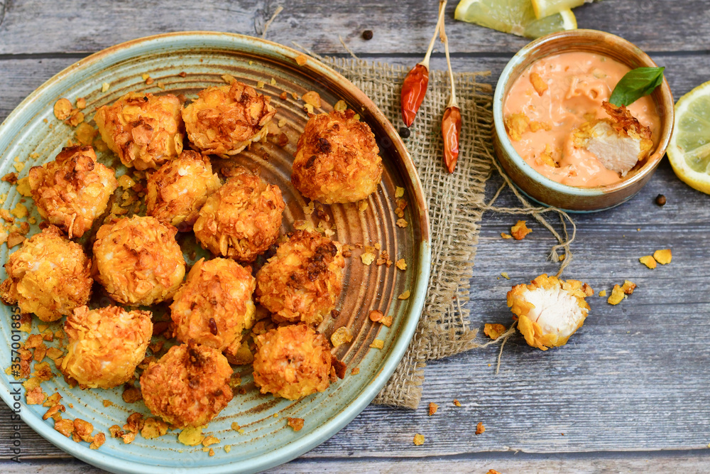  Home made Crispy Popcorn Chicken  with honey mustard sauce on wooden background
