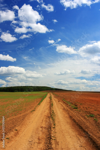 Road in the field under blue sky