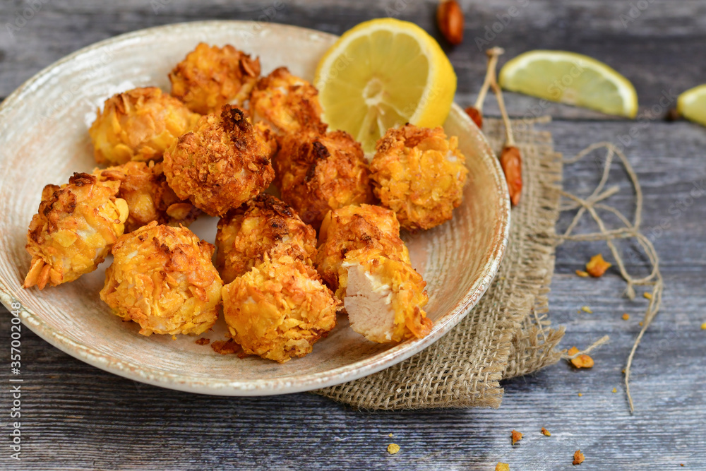 Home made Crispy Popcorn Chicken with honey mustard sauce on wooden background Home made Crispy Popcorn Chicken with honey mustard sauce on wooden background
