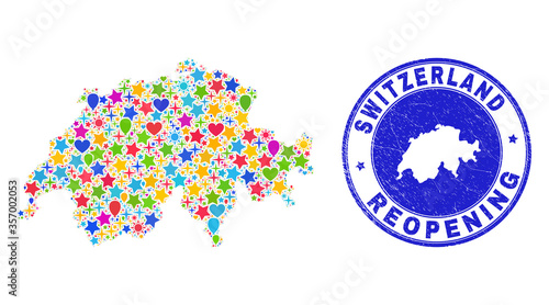 Celebrating Switzerland map mosaic and reopening unclean stamp. Vector mosaic Switzerland map is composed with scattered stars, hearts, balloons.